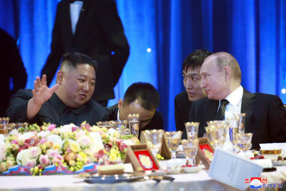In this Thursday, April 25, 2019, photo provided by the North Korean government, North Korean leader Kim Jong Un, left, speaks with Russian President Vladimir Putin, right, in Vladivostok, Russia. The content of this image is as provided and cannot be independently verified. Korean language watermark on image as provided by source reads: "KCNA" which is the abbreviation for Korean Central News Agency. (Korean Central News Agency/Korea News Service via AP)