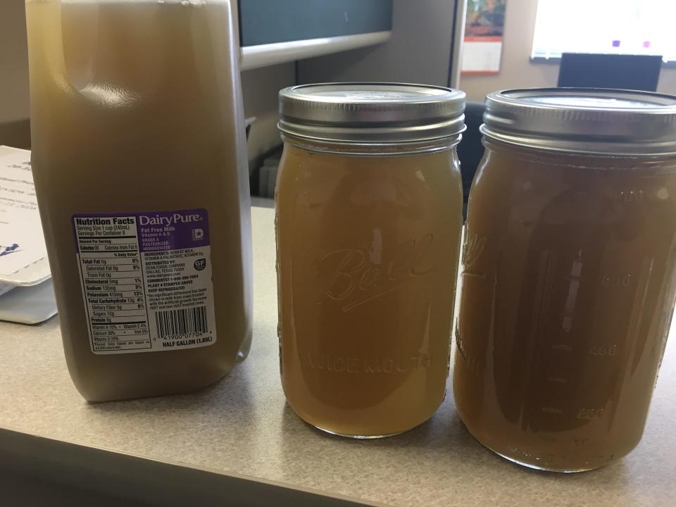 Brown water from the faucet of Erika Balza's home near Green Bay, Wisconsin. Balza's well was contaminated with manure spread as fertilizer on nearby farm fields, which made her water undrinkable.