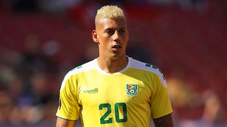 Briggs playing for Guyana in the CONCACAF Gold Cup against Panama in 2019. - Matthew Ashton/AMA/Getty Images