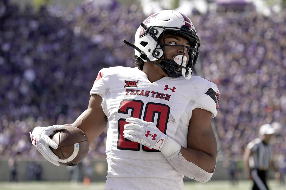 Texas Tech wide receiver Nehemiah Martinez I scores a touchdown during the first half of an NCAA college football game against Kansas State Saturday, Oct. 1, 2022, in Manhattan, Kan. (AP Photo/Charlie Riedel)