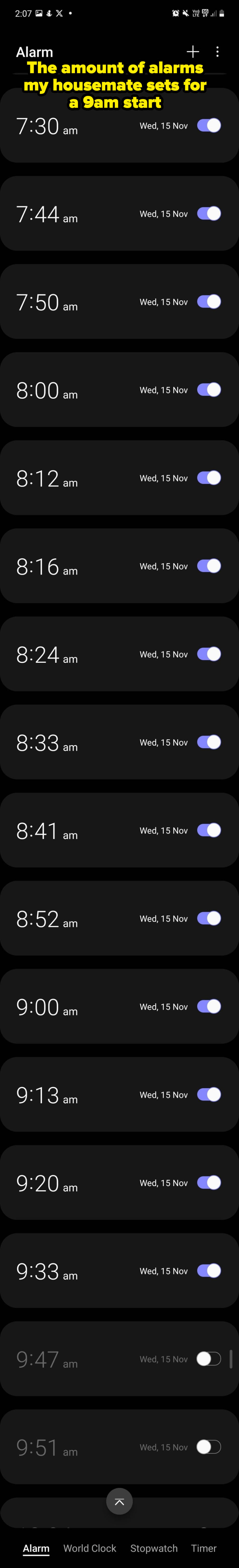 a long list of alarms