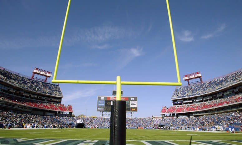 A view of the Tennessee Titans field from behind the goal post.