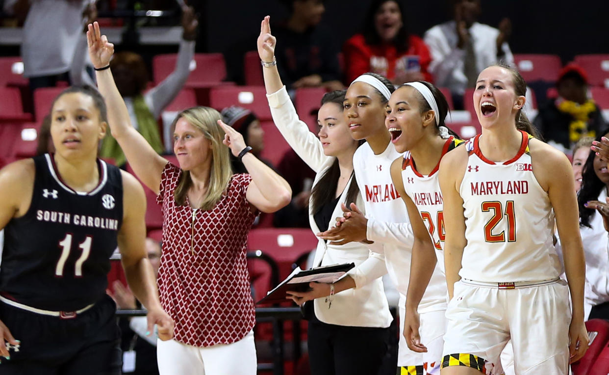 COLLEGE PARK, MD - NOVEMBER 13: Maryland bench react to a late game three pointer during a women's college basketball game between the Maryland Terrapins and the South Carolina Gamecocks on November 13, 2017, at Xfinity Center, in College Park, Maryland.  South Carolina defeated Maryland 94-86. (Photo by Tony Quinn/Icon Sportswire via Getty Images)