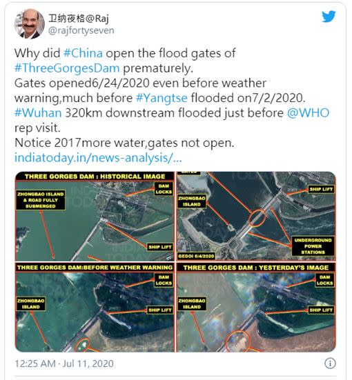 外媒揭露衛星早抓到中國在6月24日就開始洩洪。（圖／翻攝維納亞巴特推特）