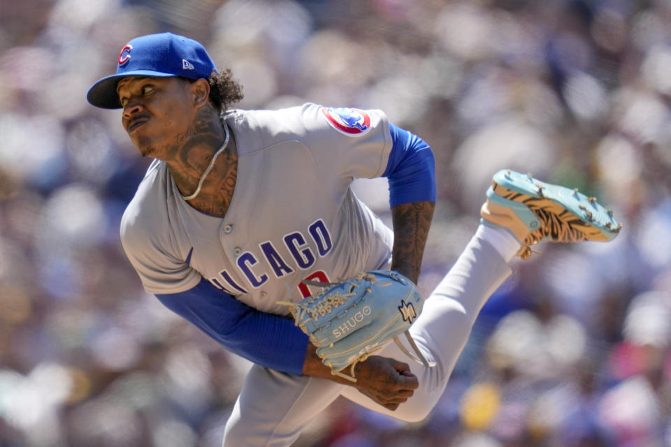 Chicago Cubs starting pitcher Marcus Stroman works against a San Diego Padres batter during the first inning of a baseball game Sunday, June 4, 2023, in San Diego. (AP Photo/Gregory Bull)