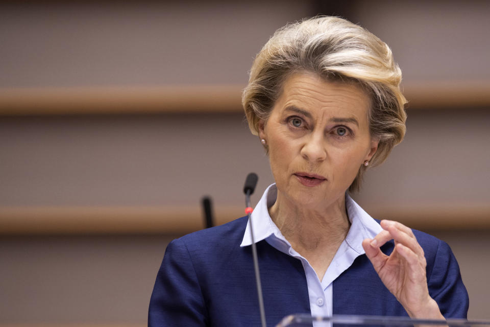 European Commission President Ursula von der Leyen addresses European lawmakers during a plenary session at the European Parliament in Brussels, Wednesday, Dec 16, 2020. Ursula von der Leyen said Wednesday she saw clear progress in the trade talks with the UK, turning a post-Brexit deal from a fleeting possibility into an ever more realistic possibility. (John Thys/Pool Photo via AP)