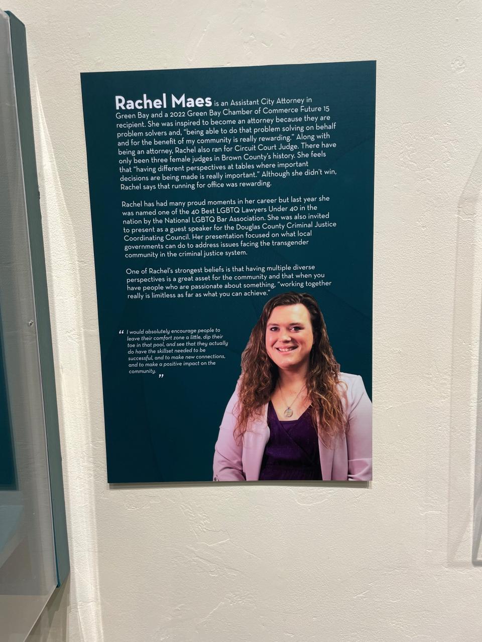 A placard of Rachel Maes hangs in the HerStory exhibit at the Neville Museum in Green Bay. Maes is an openly trans woman who works as an attorney in Green Bay.