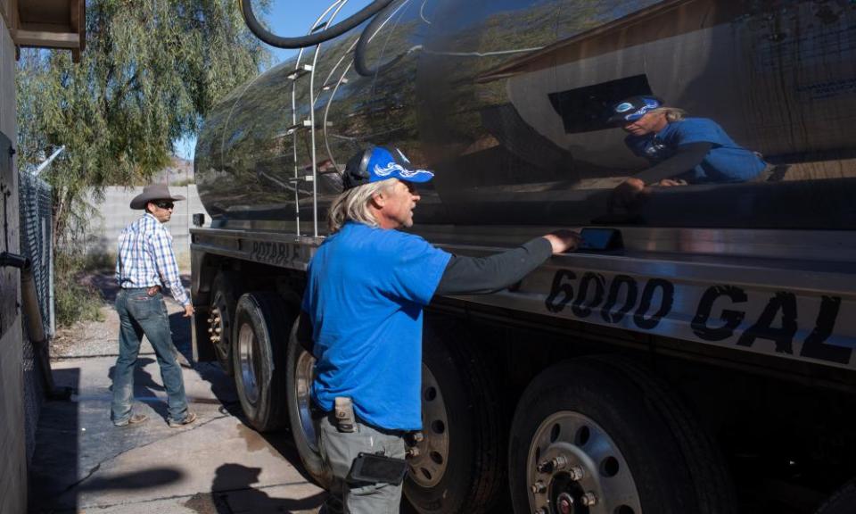 John Hornewer fills up his 6,000 gallon tanker to haul water from Apache Junction to Rio Verde Foothills, Arizona.