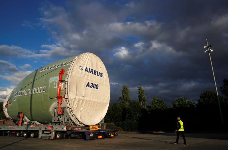 A fuselage section of the last Airbus A380 airplane is transported in the village of L'Isle-Jourdain near Toulouse