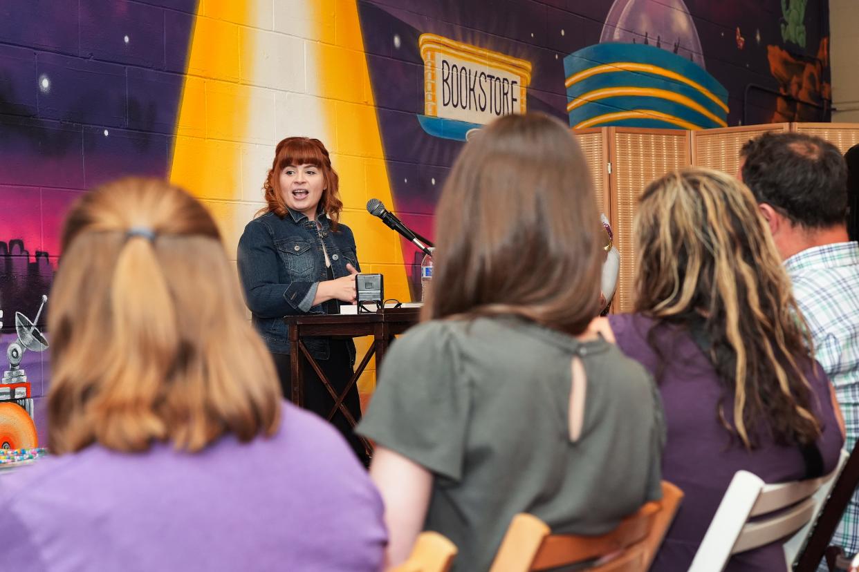 Meg Shaffer, a USA Today bestselling author, answered questions about her second novel "The Lost Story" during a release party and book reading at the Carmichael's Bookstore in Louisville, Ky. on July 16, 2024. Shaffer lives in Kentucky.