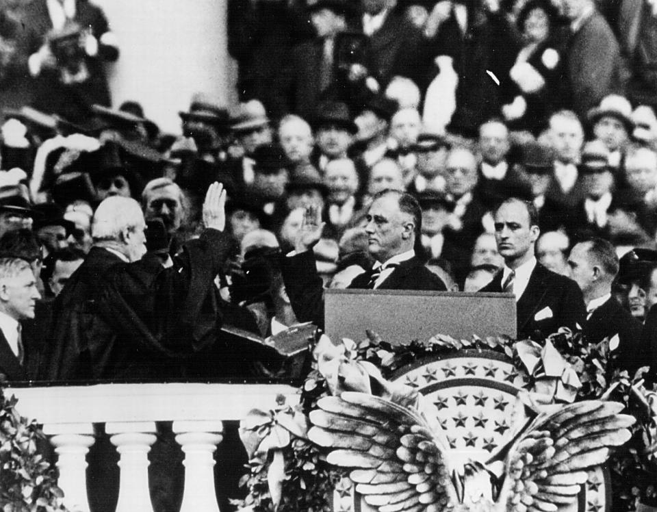 Franklin D. Roosevelt takes the oath of office in Washington D.C., in&nbsp;1933.