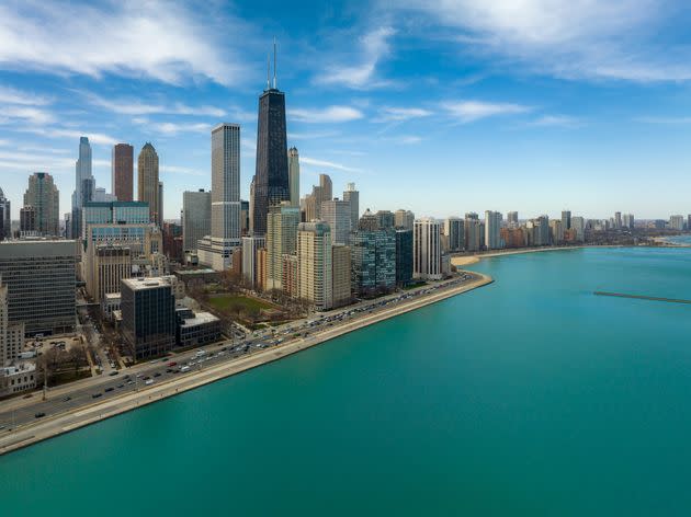 Aerial view of Chicago and Lake Michigan.