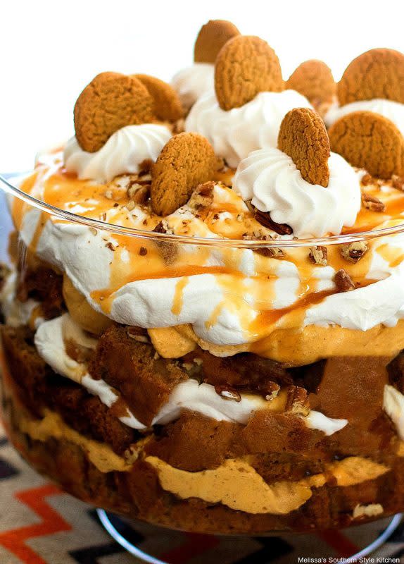 <p>Melissa's Southern Style Kitchen</p><p>This pumpkin spice cheesecake trifle is made with layers of spice cake, pumpkin cheesecake layer and whipped cream drizzled with caramel and sprinkled with toasted pecans to add a bit of crunch. </p><p><strong>Get the recipe: <em><a href="https://www.melissassouthernstylekitchen.com/pumpkin-spice-cheesecake-trifle/" rel="nofollow noopener" target="_blank" data-ylk="slk:Pumpkin Spice Cheesecake Trifle;elm:context_link;itc:0;sec:content-canvas" class="link ">Pumpkin Spice Cheesecake Trifle</a></em></strong></p>