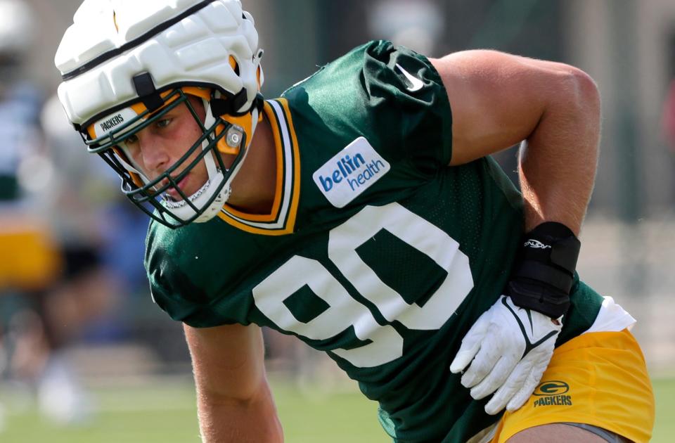 Green Bay Packers linebacker <a class="link " href="https://sports.yahoo.com/nfl/players/40037" data-i13n="sec:content-canvas;subsec:anchor_text;elm:context_link" data-ylk="slk:Lukas Van Ness;sec:content-canvas;subsec:anchor_text;elm:context_link;itc:0">Lukas Van Ness</a> (90) during the team’s second day of training camp on July 27, 2023, at Ray Nitschke Field in Ashwaubenon, Wis.