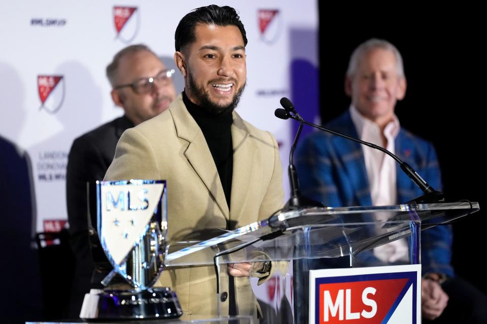 FC Cincinnati midfielder Luciano Acosta visited the Jeff Ruby's Steakhouse location near Fountain Square after being named the 2023 Landon Donovan Most Valuable Player on Monday.