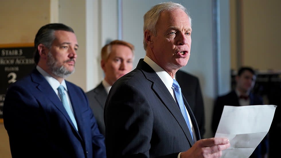 Sen. Ron Johnson (R-Wis.) addresses reporters during a press conference on Wednesday, February 9, 2022 to discuss rising crime issues around the country.