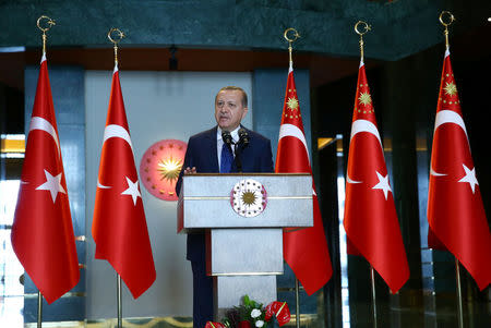 Turkey's President Tayyip Erdogan addresses Turkish ambassadors at the Presidential Palace in Ankara, Turkey, January 9, 2017. Kayhan Ozer/Presidential Palace/Handout via REUTERS