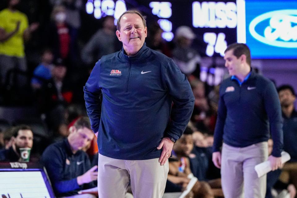 Feb 7, 2023; Athens, Georgia, USA; Mississippi Rebels head coach Kermit Davis reacts to a play on the court against the Georgia Bulldogs during the second half at Stegeman Coliseum. Mandatory Credit: Dale Zanine-USA TODAY Sports