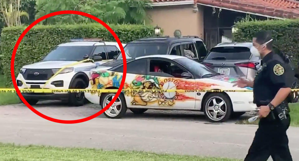 The Miami police SUV pictured at the scene outside Clara Paulino's home. She was found dead by her husband and son.