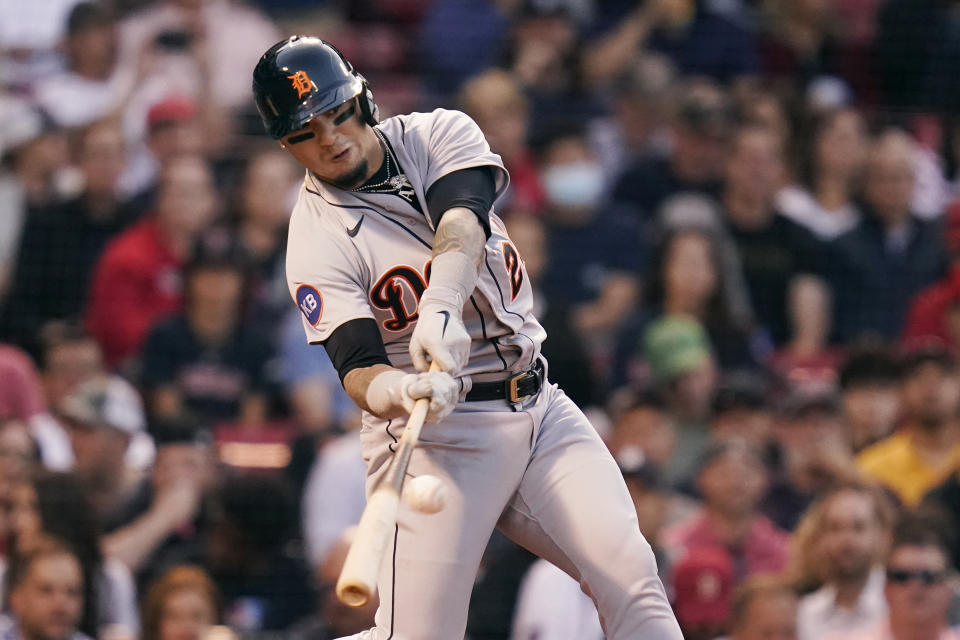 Detroit Tigers' Javier Baez connects for a solo home run off Boston Red Sox starting pitcher Rich Hill during the third inning of a baseball game, Tuesday, June 21, 2022, at Fenway Park in Boston. (AP Photo/Charles Krupa)