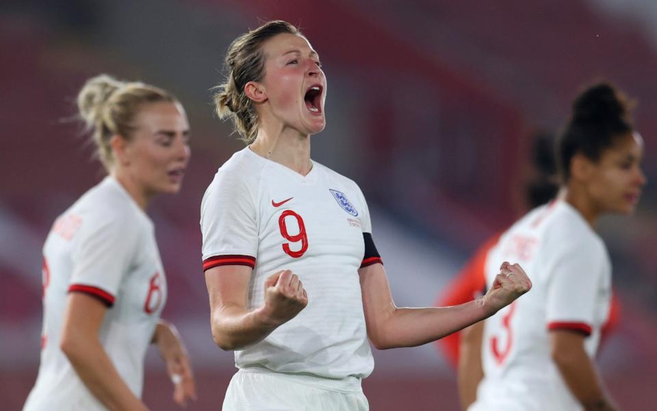 Ellen White celebrates her second goals as England brushed North Macedonia aside  - GETTY IMAGES