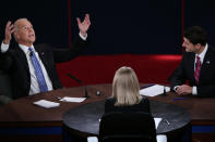 DANVILLE, KY - OCTOBER 11: U.S. Vice President Joe Biden (L) and Republican vice presidential candidate U.S. Rep. Paul Ryan (R-WI) (R) participate in the vice presidential debate as moderator Martha Raddatz looks on at Centre College October 11, 2012 in Danville, Kentucky. This is the second of four debates during the presidential election season and the only debate between the vice presidential candidates before the closely-contested election November 6. (Photo by Win McNamee/Getty Images)