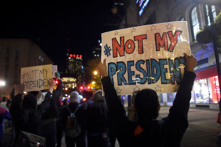 Demonstrators protest in response to the election of Republican Donald Trump as President of the United States in Philadelphia, Pennsylvania, U.S. November 11, 2016. REUTERS/Mark Makela