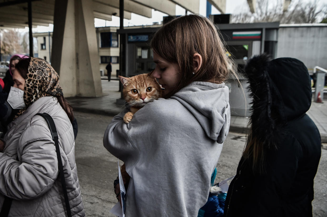 A girl cradles her cat as she and others arrive at a bus station at the Greek-Bulgarian border.