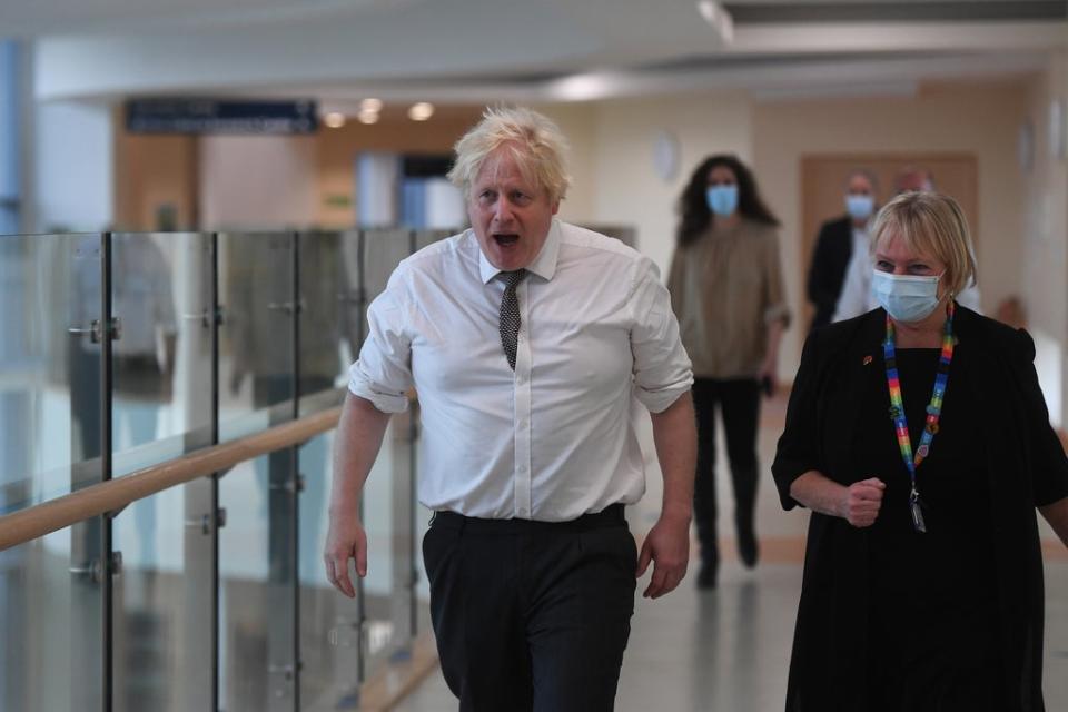 Boris Johnson was pictured without a face mask during a visit to Hexham General Hospital in Northumberland (Peter Summers/PA) (PA Wire)