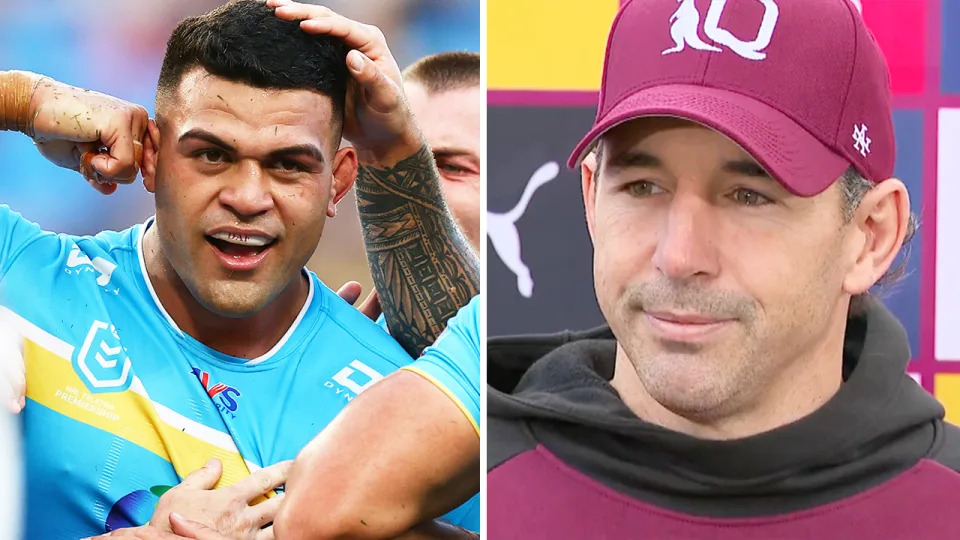 David Fifita (pictured left) celebrating and Billy Slater during a press conference.