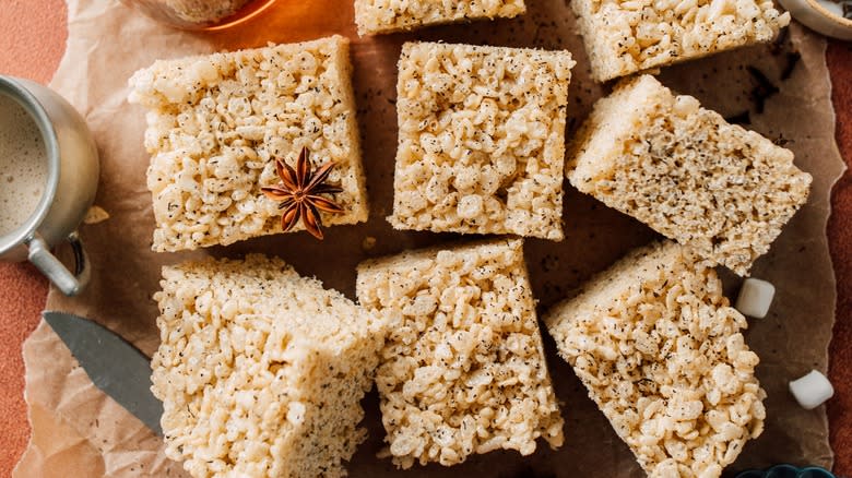 rice krispy treat squares on parchment