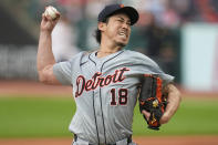 Detroit Tigers' Kenta Maeda pitches to a Cleveland Guardians batter during the first inning of a baseball game Tuesday, May 7, 2024, in Cleveland. (AP Photo/Sue Ogrocki)