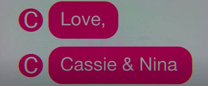 Text messages reading "Love Cassie & Nina"