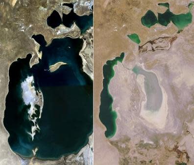 Figure 4 - The Aral Sea, once the fourth largest fresh water body on Earth, before and after. The sea has been almost completely drained for agriculture. Image: NASA