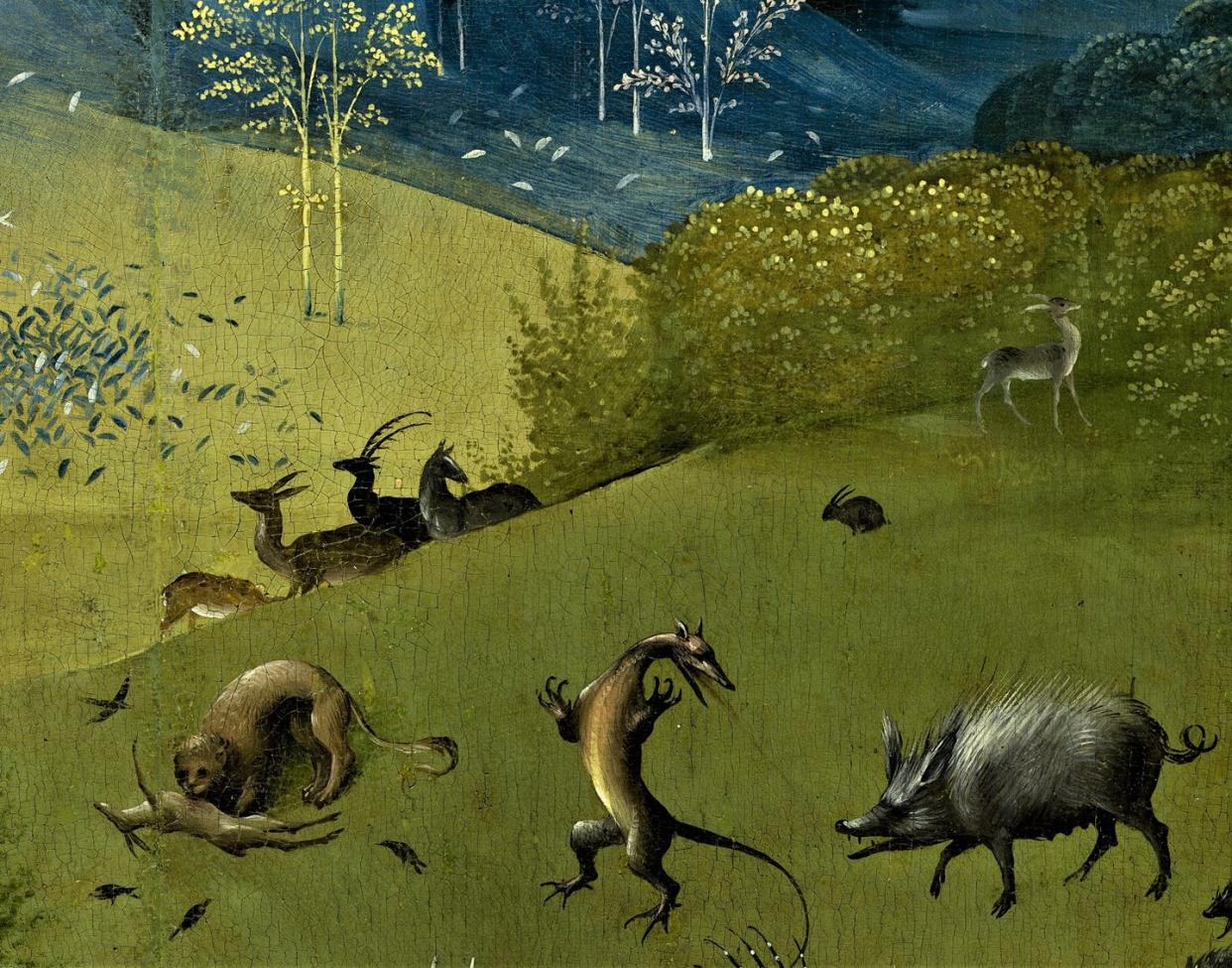 <span class="caption">Paisaje con fauna, detalle de _El Jardín de las Delicias_ (Jerónimo Bosch, el Bosco, 1474–1516).</span> <span class="attribution"><a class="link " href="https://es.m.wikipedia.org/wiki/Archivo:The_Garden_of_Earthly_Delights_by_Bosch_High_Resolution.jpg#/media/File:Hieronymus_Bosch_-_The_Garden_of_Earthly_Delights_-_Prado_in_Google_Earth-x0-y0.jpg" rel="nofollow noopener" target="_blank" data-ylk="slk:Wikimedia Commons / Museo del Prado;elm:context_link;itc:0;sec:content-canvas">Wikimedia Commons / Museo del Prado</a></span>