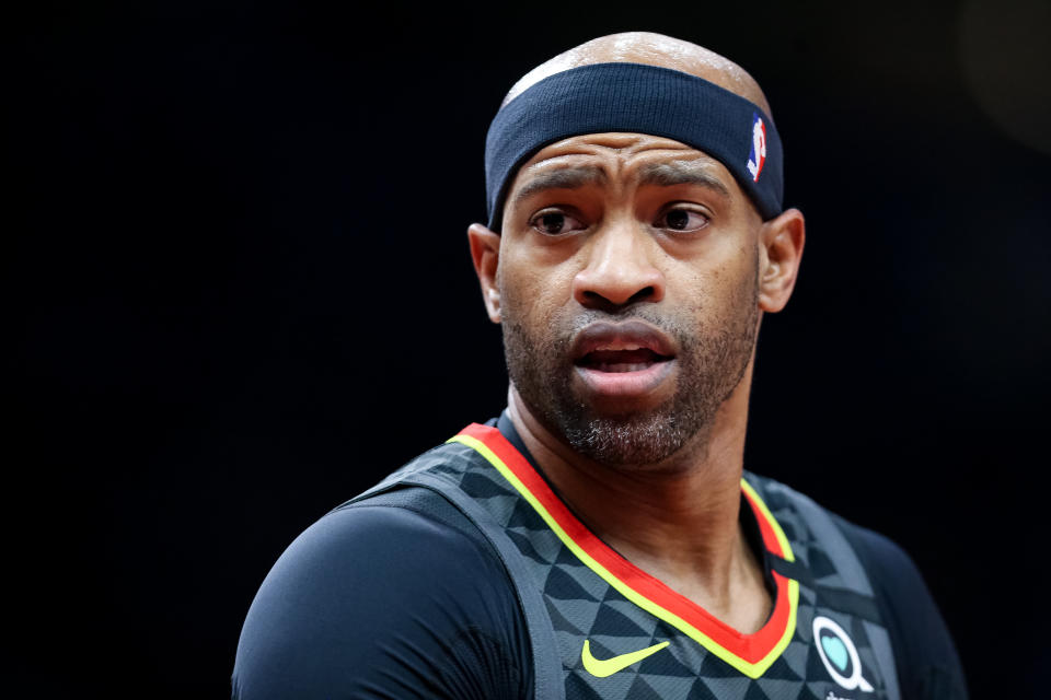 ATLANTA, GA - JANUARY 4: Vince Carter #15 of the Atlanta Hawks looks on during the first quarter of a game against the Indiana Pacers at State Farm Arena on January 4, 2020 in Atlanta, Georgia. NOTE TO USER: User expressly acknowledges and agrees that, by downloading and or using this photograph, User is consenting to the terms and conditions of the Getty Images License Agreement. (Photo by Carmen Mandato/Getty Images)