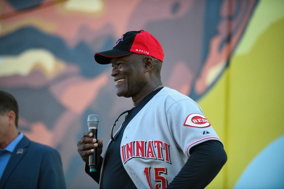 Reds Hall of Famer George Foster speaks to the crowd during the mural dedication of Cincinnati Reds Hall of Fame second baseman Joe Morgan at the P&G MLB Cincinnati Reds Youth Academy on Oct. 9, 2021.