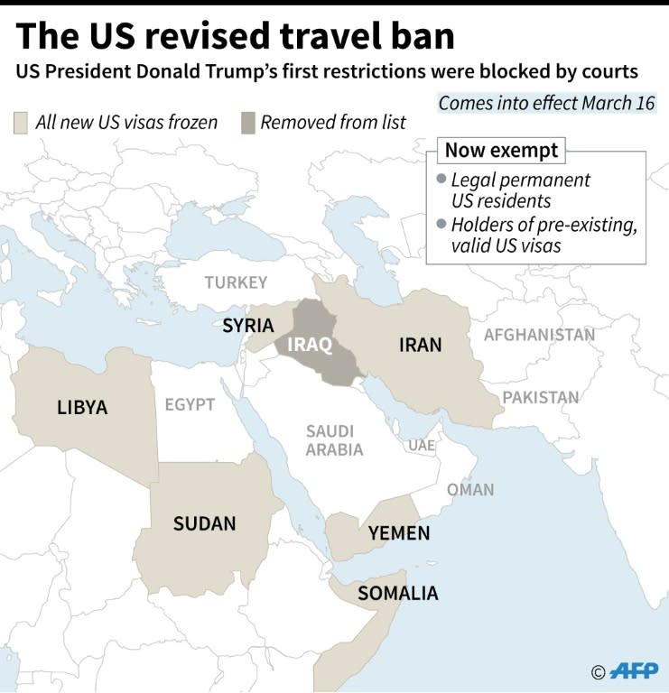 Map and key elements of a revised ban on travelers from six Muslim-majority nations signed by US President Donald Trump