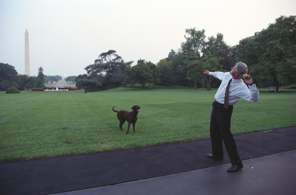 President Clinton throwing a tennis ball for his pet, Buddy the Dog on July 11, 1998. (Getty Images).