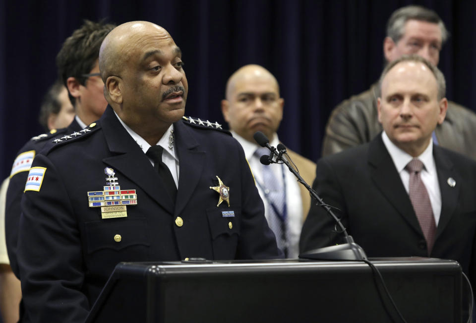 Chicago Police Supt. Eddie Johnson speaks during a press conference at CPD headquarters, Thursday, Feb. 21, 2019, in Chicago, after actor Jussie Smollett turned himself in on charges of disorderly conduct and filing a false police report. The "Empire" staged a racist and homophobic attack because he was unhappy about his salary and wanted to promote his career, Johnson said Thursday. (AP Photo/Teresa Crawford)