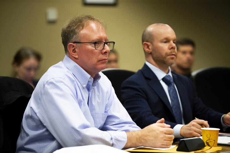 Michael Meyden, left, who is accused of drugging his daughter's friends at a sleepover in 2023, appeared in Clackamas County Circuit Court in Oregon City, Oregon, on Monday, June 10, 2024. (Dave Killen/The Oregonian via AP)