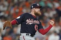 Washington Nationals' Sean Doolittle celebrates after Game 1 of the baseball World Series against the Houston Astros Tuesday, Oct. 22, 2019, in Houston. The Nationals won 5-4 to take a 1-0 lead in the series. (AP Photo/Eric Gay)