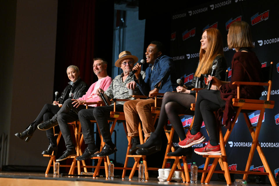 (L-R) Pom Klementieff, Sean Gunn, Michael Rooker, Chukwudi Iwuji, Karen Gillan, and Ashley Victoria Robinson.