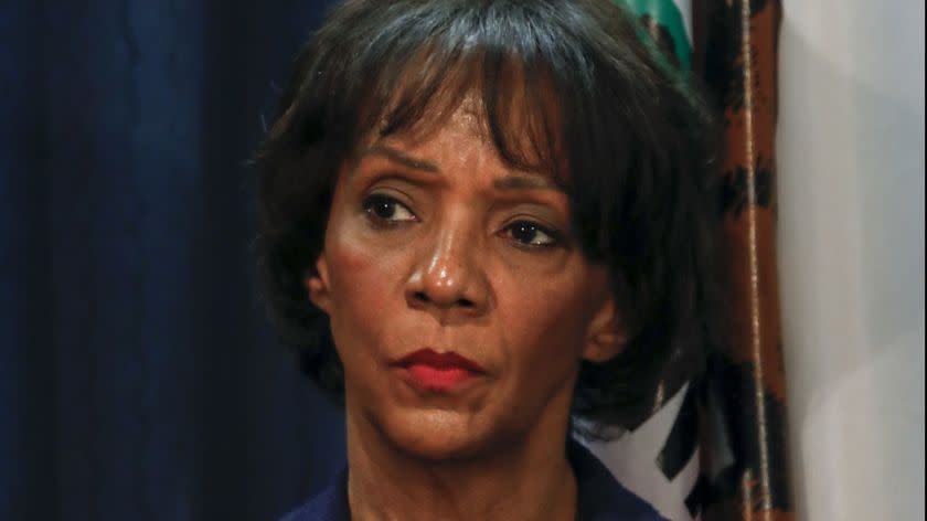 LOS ANGELES,CA --WEDNESDAY, FEBRUARY 21, 2018--Los Angeles County District Attorney Jackie Lacey, during a press conference with California Attorney General Xavier Becerra announcing special agents from the Ca. Department of Justice's Division of Law Enforcement removed 28 firearms and 66,000 rounds of ammunition from an individual who is legally barred from owning weapons and was listed in the Armed Prohibited Persons System (APPS) database, at the Ronald Reagan State building in Los Angeles, CA, Feb. 21, 2018. (Jay L. Clendenin / Los Angeles Times)