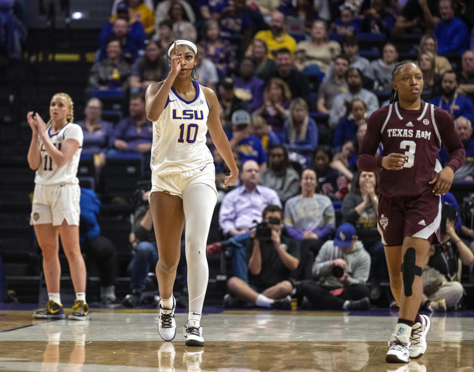 LSU forward Angel Reese (10) motions the other way following a Texas A&M turnover in the second period of an NCAA college basketball game Thursday, Jan. 11, 2024, in Baton Rouge, La. (Michael Johnson/The Advocate via AP)