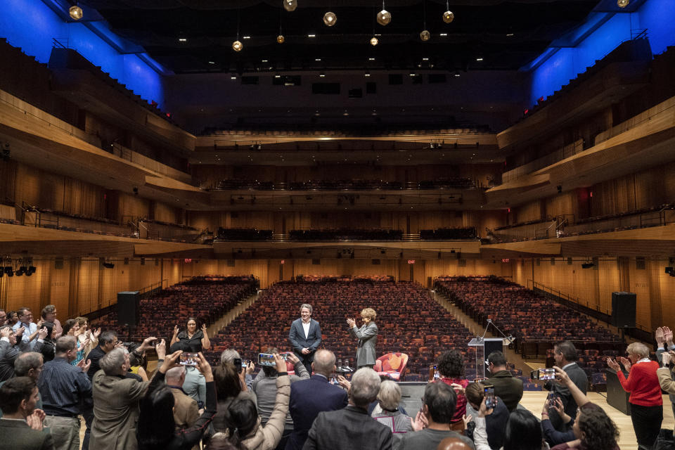 Gustavo Dudamel is introduced as the New York Philharmonic's 27th music and artistic director, Monday, Feb. 20, 2023, in the newly renovated David Geffen Hall at Lincoln Center for the Performing Arts in New York. (AP Photo/John Minchillo)