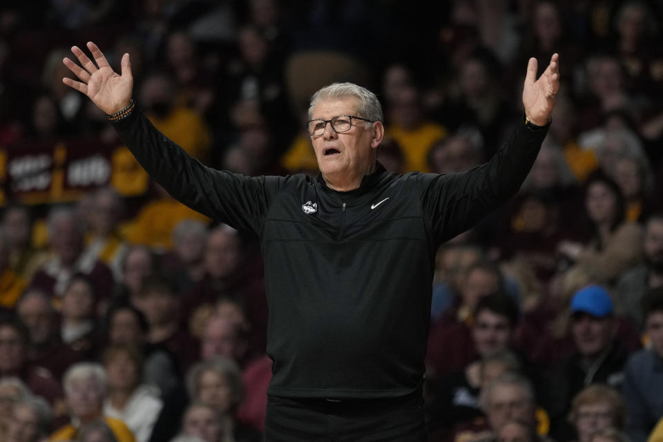 UConn head coach Geno Auriemma reacts during the first half of an NCAA college basketball game against Minnesota, Sunday, Nov. 19, 2023, in Minneapolis. (AP Photo/Abbie Parr)