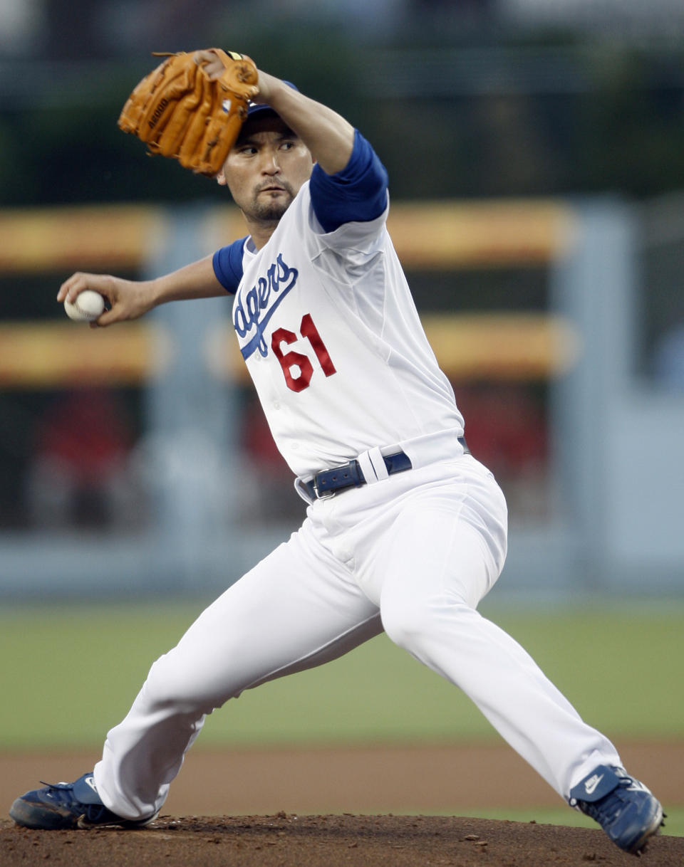 FILE - Los Angeles Dodgers pitcher Chan Ho Park, of South Korea, throws a pitch against the Los Angeles Angels during the first inning of the baseball game at Dodger Stadium in Los Angeles, on June 27, 2008. (AP Photo/Matt Sayles, File)