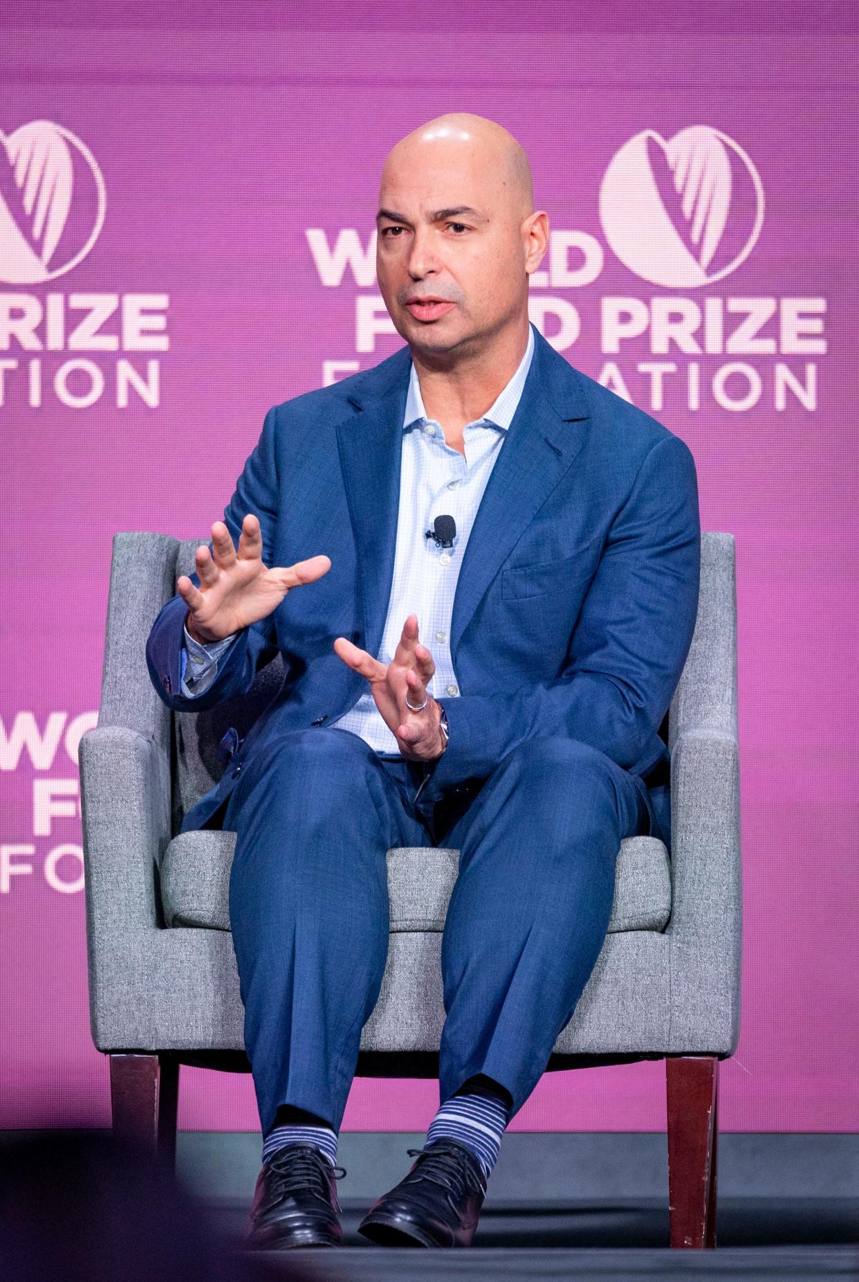 Chuck Magro, CEO of Corteva Agriscience, speaks during the Borlaug International Dialogue held by the World Food Prize Foundation.