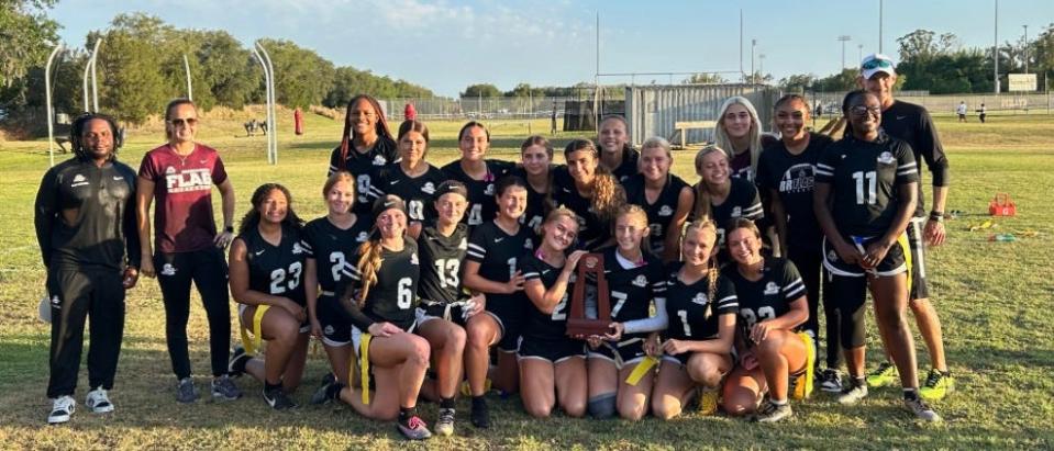 Members of the Braden River High School flag-football team after defeating St. Petersburg on Tuesday for the Class A regional title. The Pirates now travel to Boynton Beach to face Somerset Academy on Friday in a state quarterfinal game.